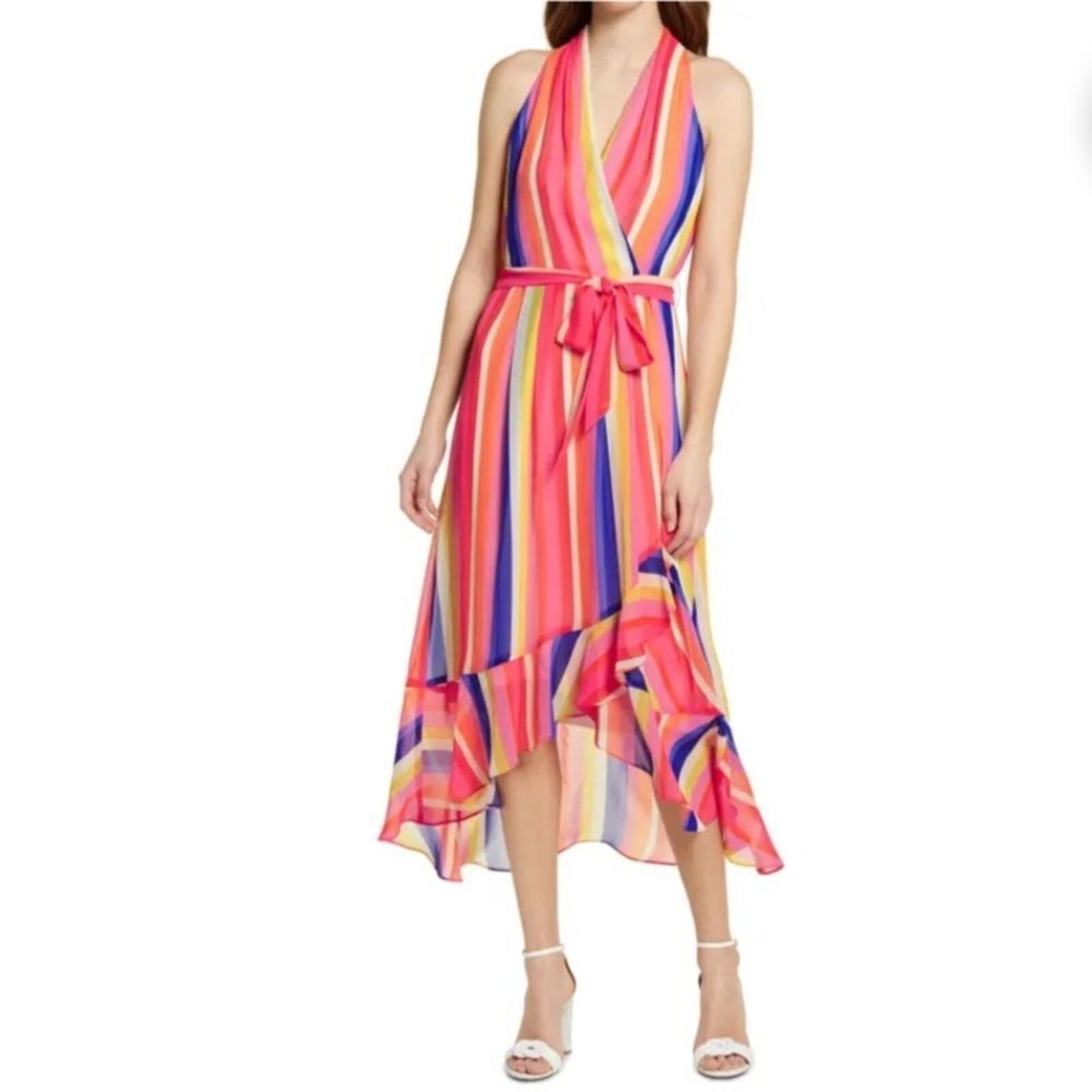 Julia Jordan Rainbow Stripe Surplice Wrap Midi Dress 12 Flounce Hem Sleeveless